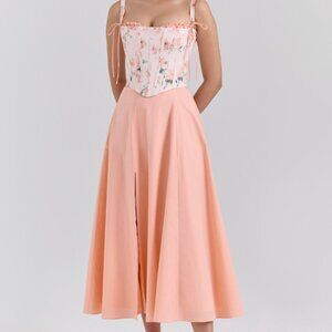 Floral Bustier Peach A-Line Midi Dress